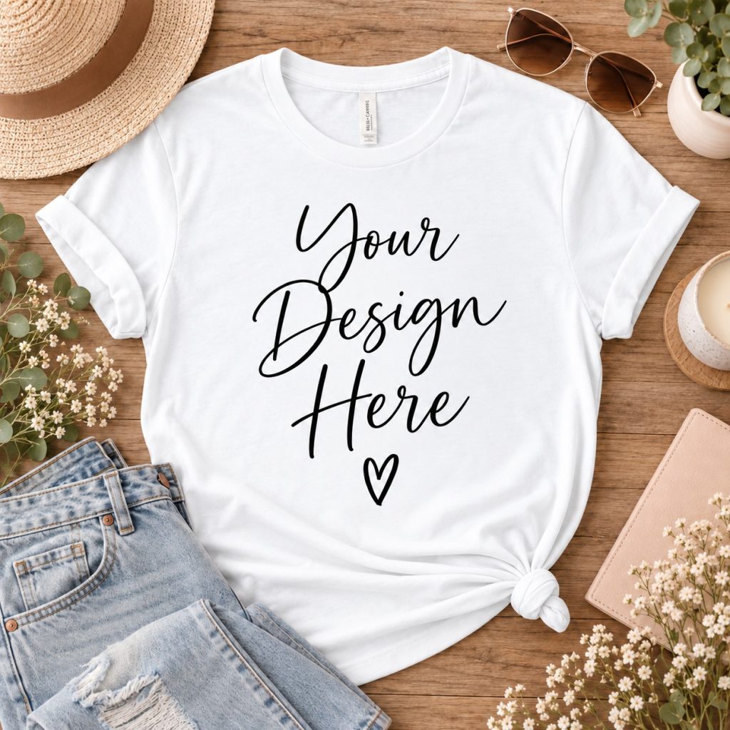 White custom T-shirt flat lay with Your Design Here placeholder